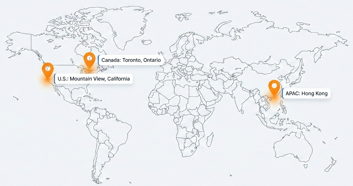 Auralytix Global Map showing Mountain View, Toronto, and Hong Kong