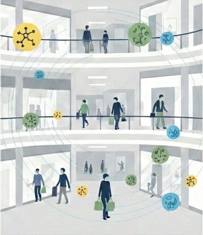 Shoppers in a mall with visualized bio-aerosols